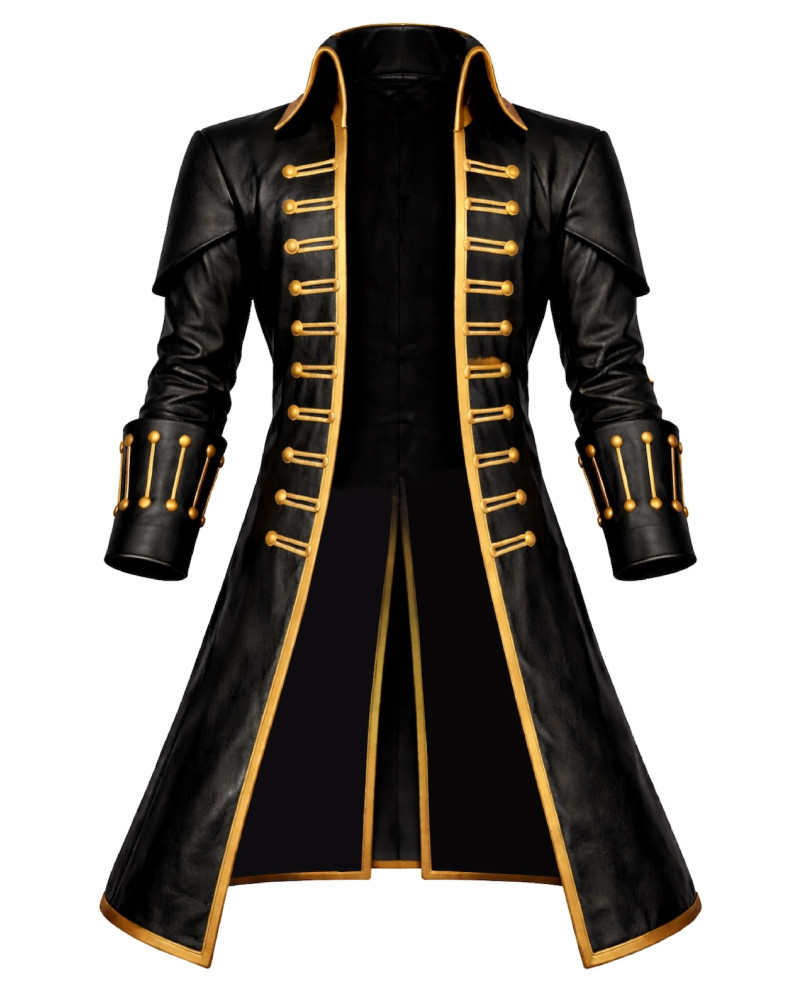 Men's Gothic Vampire Leather Coat with Gold Trim
