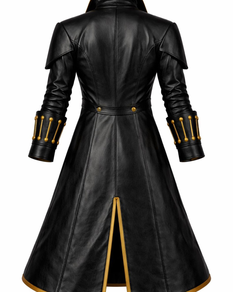 Men's Gothic Vampire Leather Coat with Gold Trim
