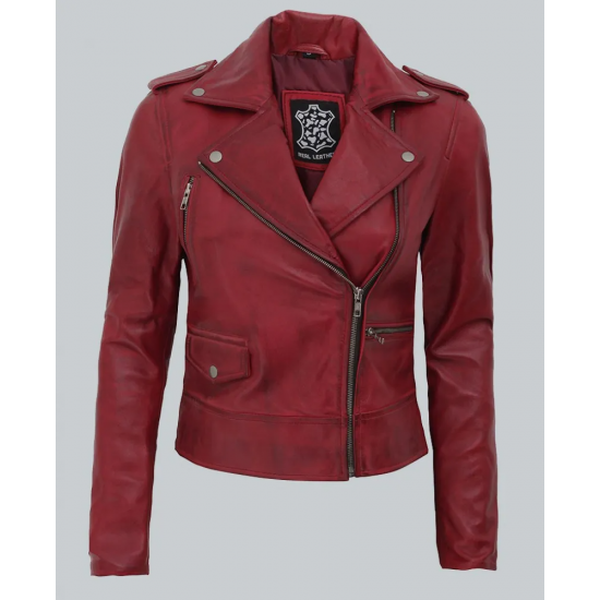 Amber Womens Moto Maroon Asymmetrical Leather Jacket
