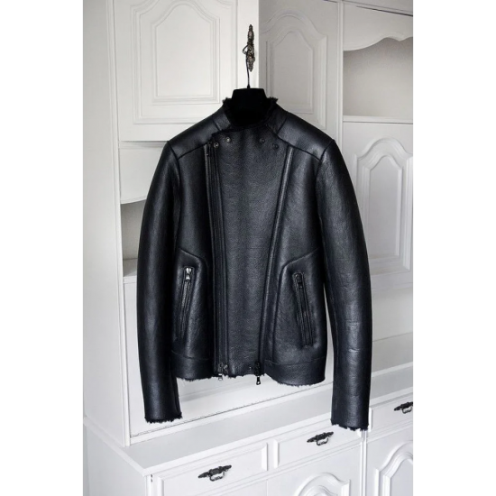 Balmain Men's Black Leather Shearling Biker Jacket