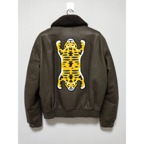 Brown Tiger Patch Leather Bomber Jacket Vintage Inspired Statement Piece