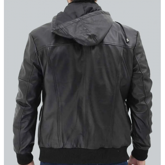 Frank Mens Black Leather Hooded Bomber Jacket