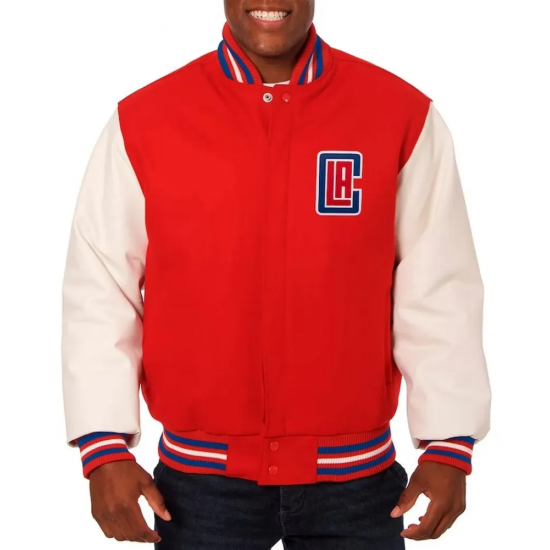 Los Angeles Clippers Varsity Red and White Wool Leather Full-Snap Jacket