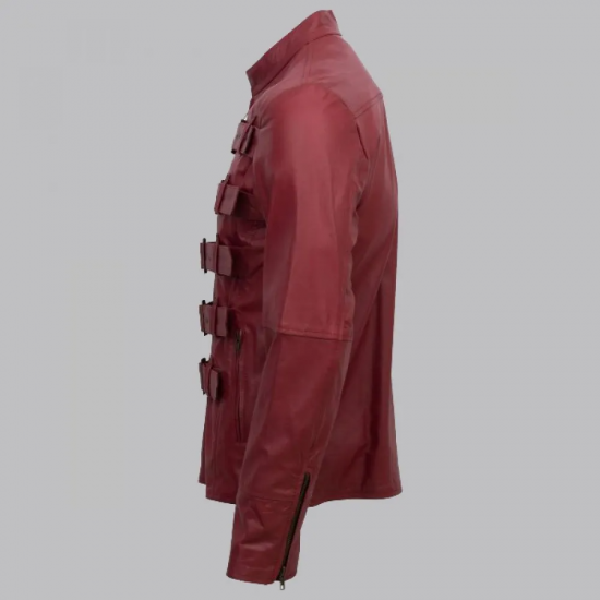 Men Maroon Belted Fashion Leather Jacket