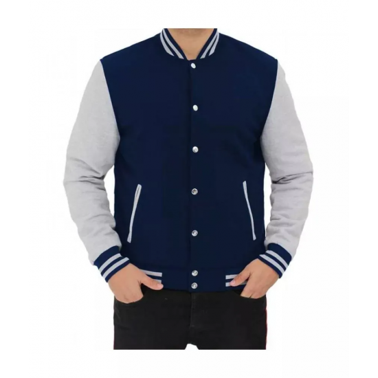 Men's Baseball Style Grey and Blue Varsity Jacket