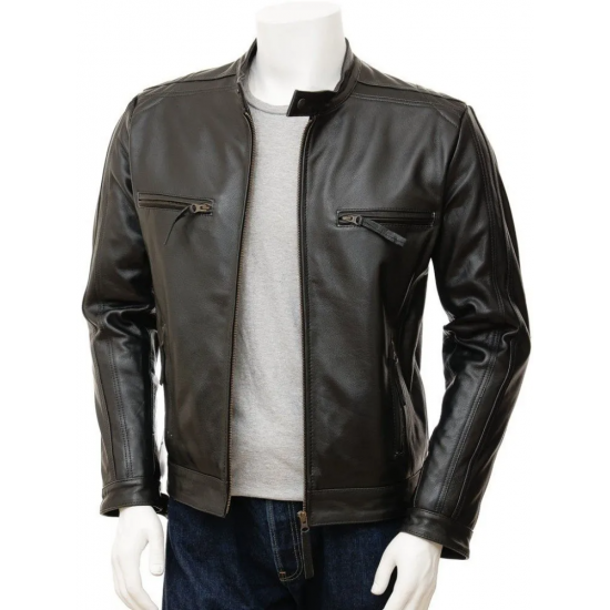 Men's Black And Brown Slimfit Stylish Classic Cafe Racer Tab Collar Leather Biker Jacket