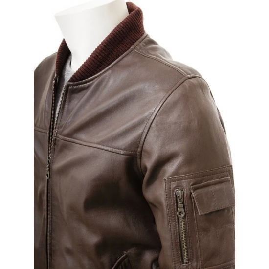 Mens Black And Dark Brown Classic Elegant Leather Bomber Jacket