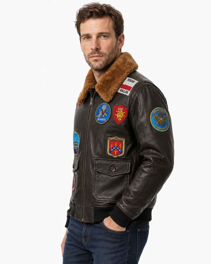 Men's Black Leather A-2 Bomber Flight Jacket with Shearling Collar