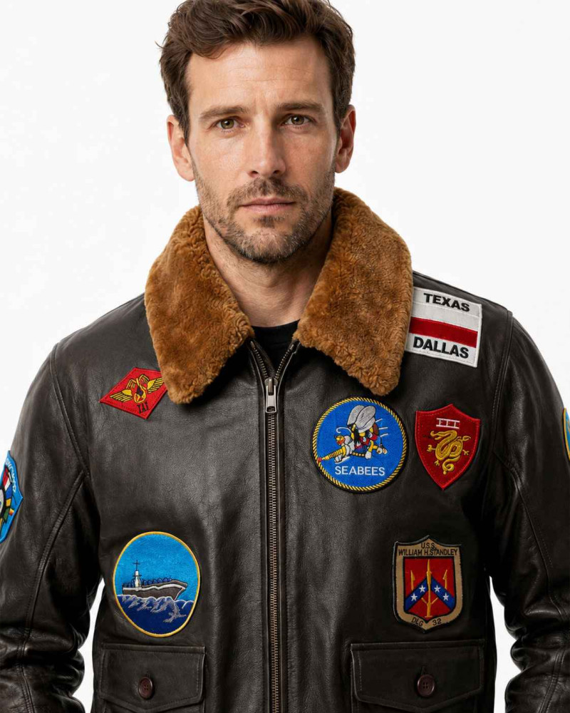 Men's Black Leather A-2 Bomber Flight Jacket with Shearling Collar