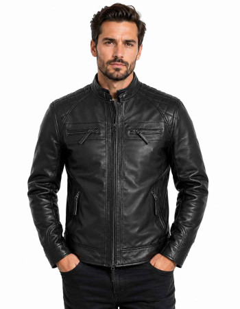 Men's Black Leather Cafe Racer Jacket with Quilted Shoulders