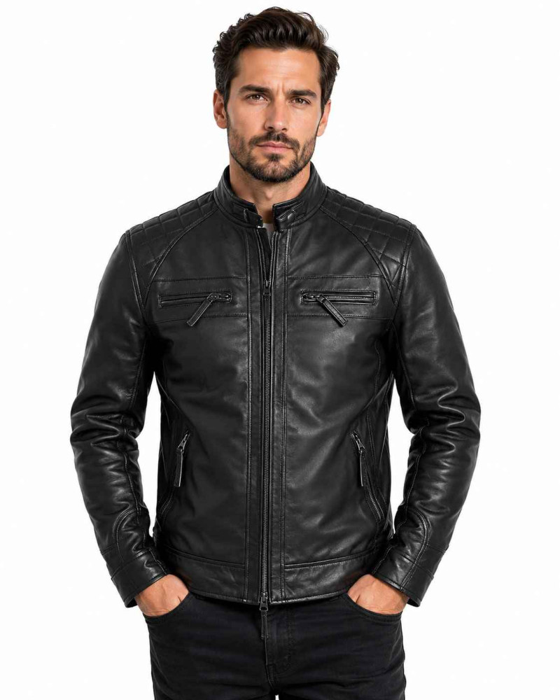 Men's Black Leather Cafe Racer Jacket with Quilted Shoulders