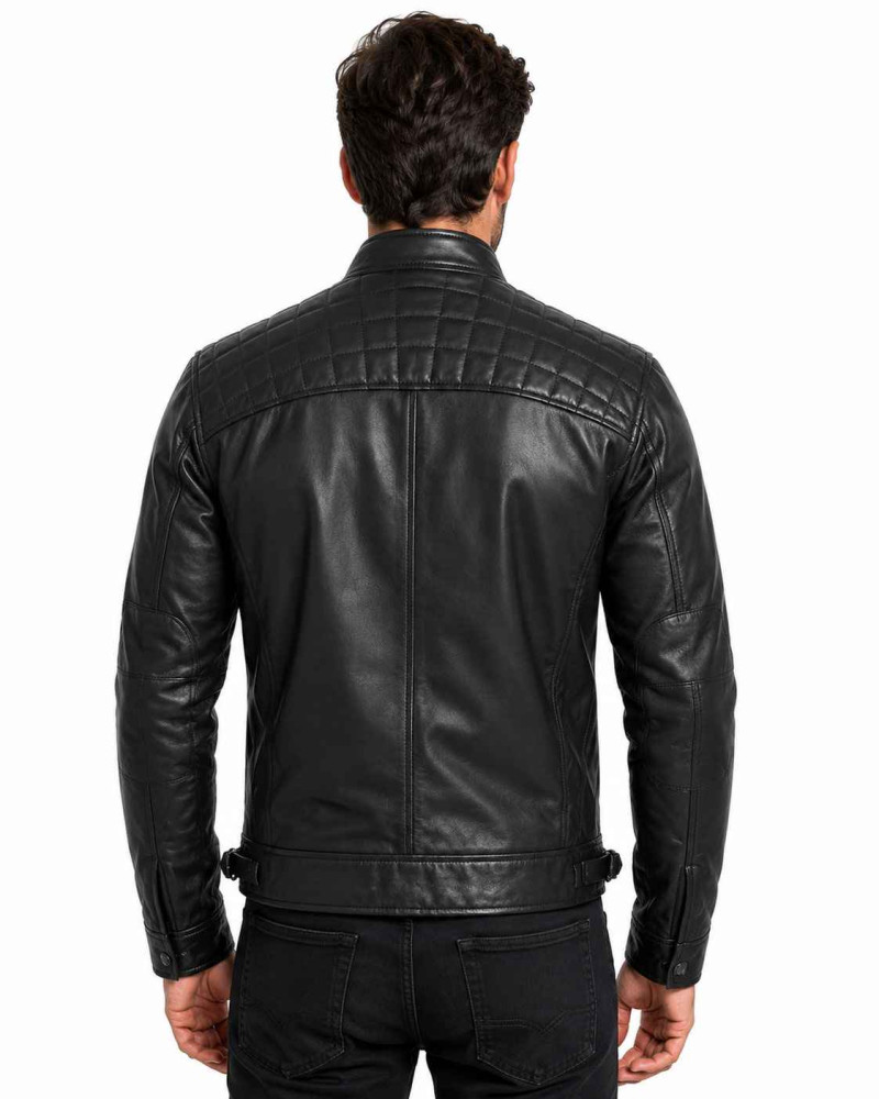 Men's Black Leather Cafe Racer Jacket with Quilted Shoulders