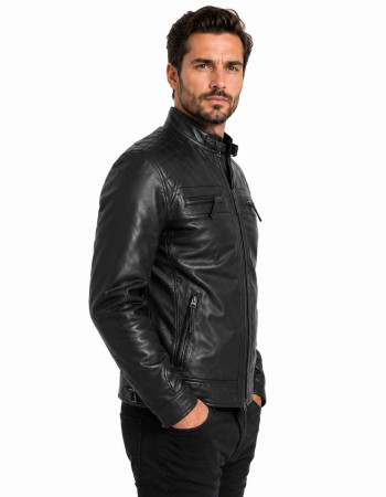 Men's Black Leather Cafe Racer Jacket with Quilted Shoulders