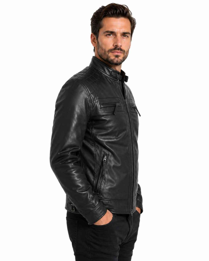 Men's Black Leather Cafe Racer Jacket with Quilted Shoulders