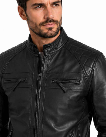 Men's Black Leather Cafe Racer Jacket with Quilted Shoulders