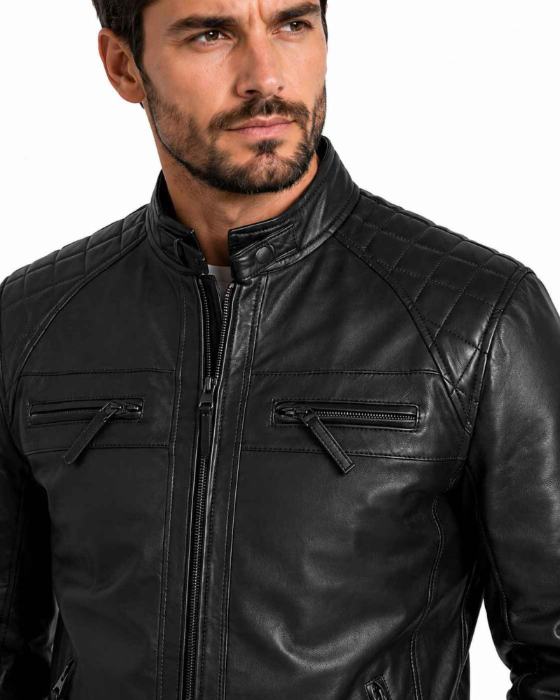 Men's Black Leather Cafe Racer Jacket with Quilted Shoulders