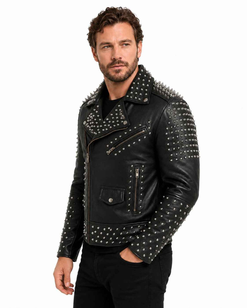 Men's Black Studded Leather Biker Jacket with Silver Spikes