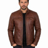 Men's Brown Leather Cafe Racer Jacket with Quilted Shoulders