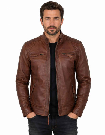 Men's Brown Leather Cafe Racer Jacket with Quilted Shoulders