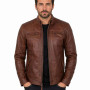 Men's Brown Leather Cafe Racer Jacket with Quilted Shoulders