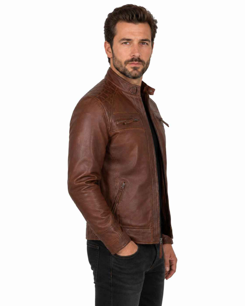 Men's Brown Leather Cafe Racer Jacket with Quilted Shoulders