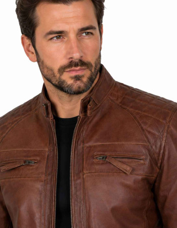 Men's Brown Leather Cafe Racer Jacket with Quilted Shoulders