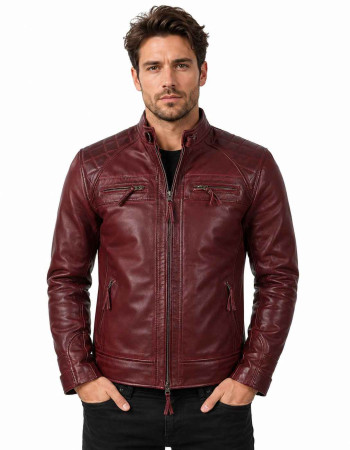 Men's Burgundy Leather Cafe Racer Jacket with Quilted Shoulders