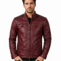 Men's Burgundy Leather Cafe Racer Jacket with Quilted Shoulders