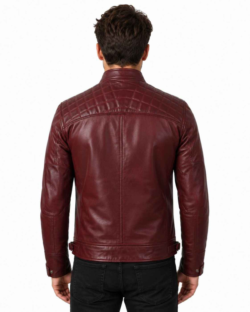 Men's Burgundy Leather Cafe Racer Jacket with Quilted Shoulders
