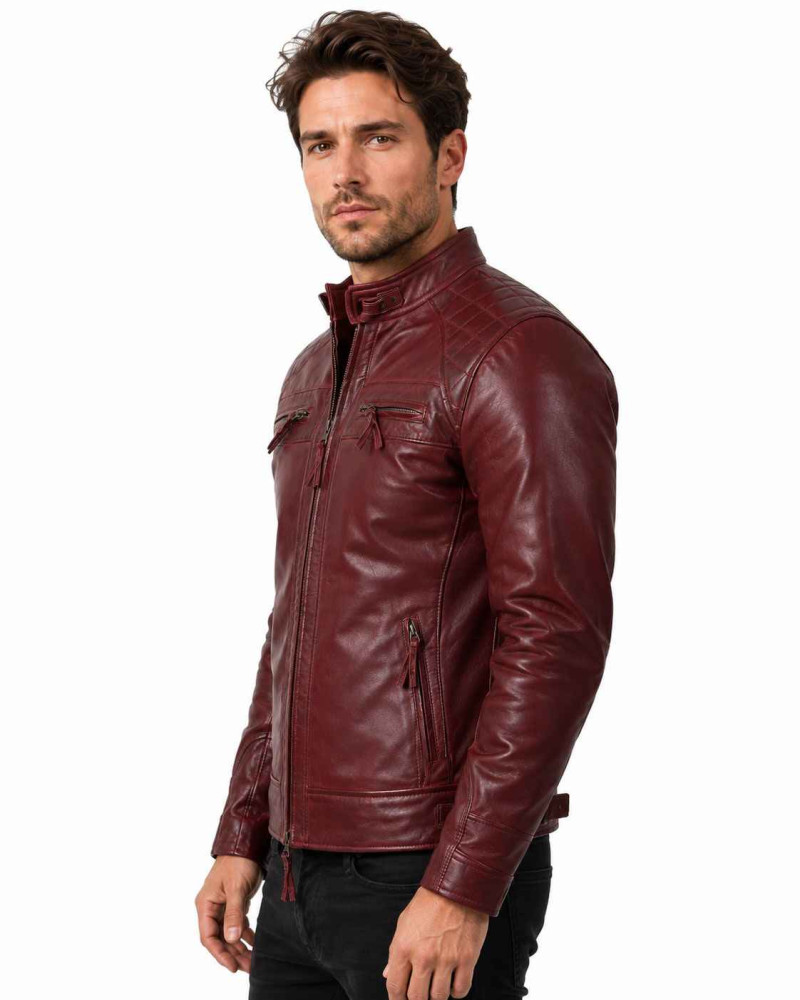 Men's Burgundy Leather Cafe Racer Jacket with Quilted Shoulders