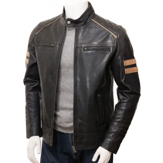 Mens Cafe Racer Striped Four Pockets Leather Biker Jacket