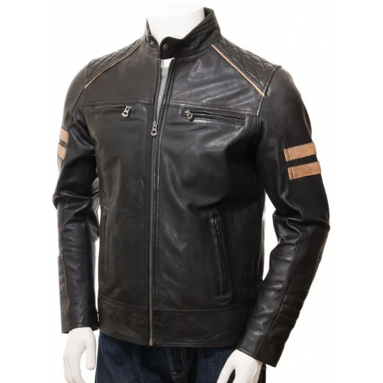 Mens Cafe Racer Striped Four Pockets Leather Biker Jacket