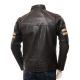 Mens Cafe Racer Striped Four Pockets Leather Biker Jacket