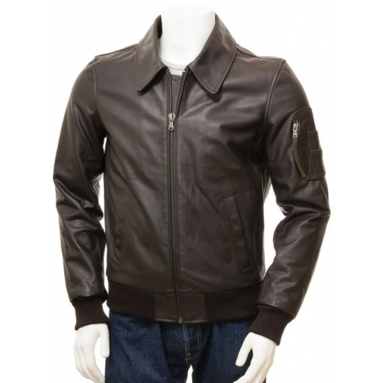 Men's Dark Brown & Red Leather Bomber Jacket