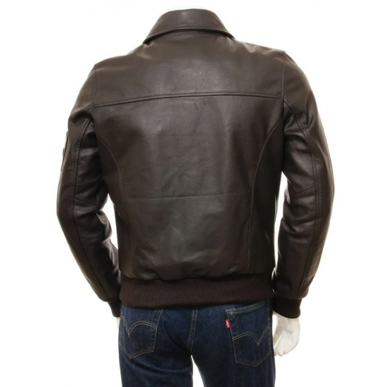 Men's Dark Brown & Red Leather Bomber Jacket