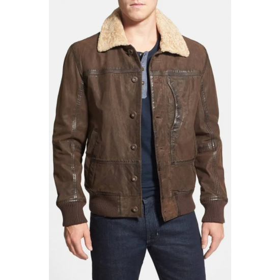 Men's Leather Bomber Jacket with Faux Shearling Collar