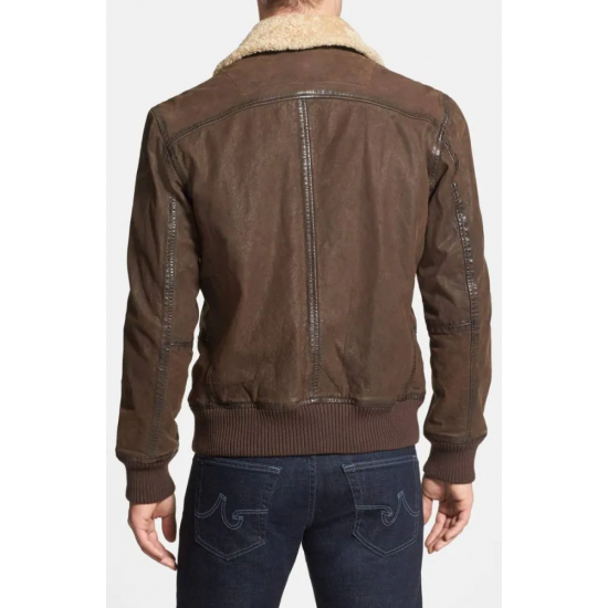 Men's Leather Bomber Jacket with Faux Shearling Collar