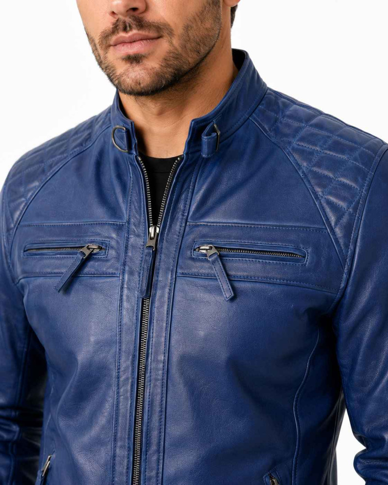 Men's Royal Blue Leather Cafe Racer Jacket with Quilted Shoulders