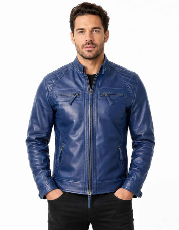 Men's Royal Blue Leather Cafe Racer Jacket with Quilted Shoulders