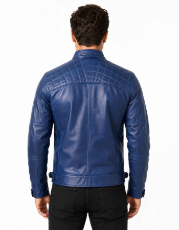 Men's Royal Blue Leather Cafe Racer Jacket with Quilted Shoulders