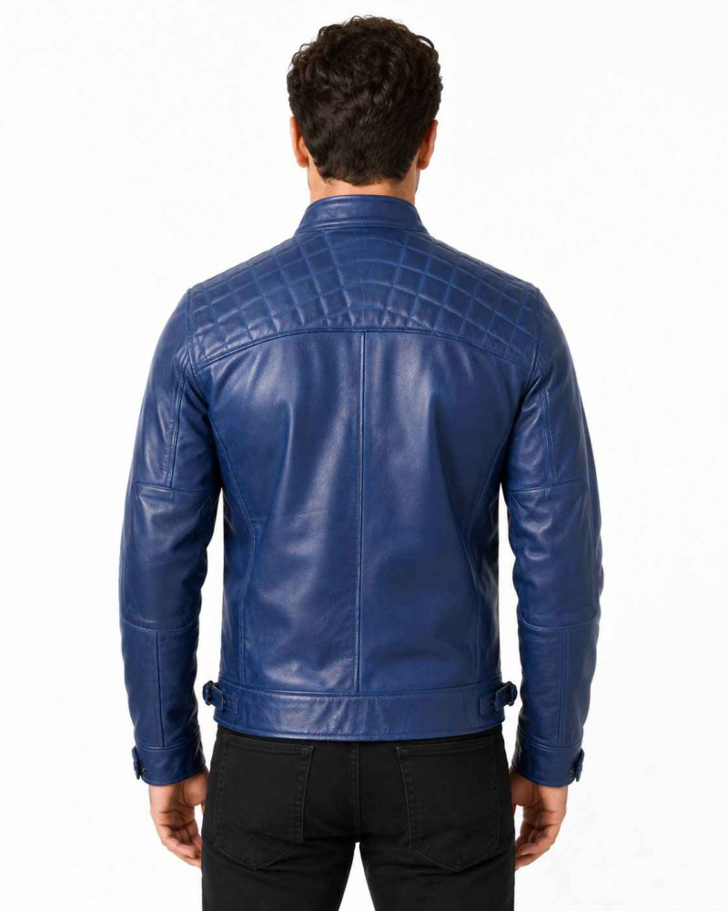 Men's Royal Blue Leather Cafe Racer Jacket with Quilted Shoulders