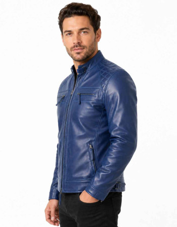 Men's Royal Blue Leather Cafe Racer Jacket with Quilted Shoulders