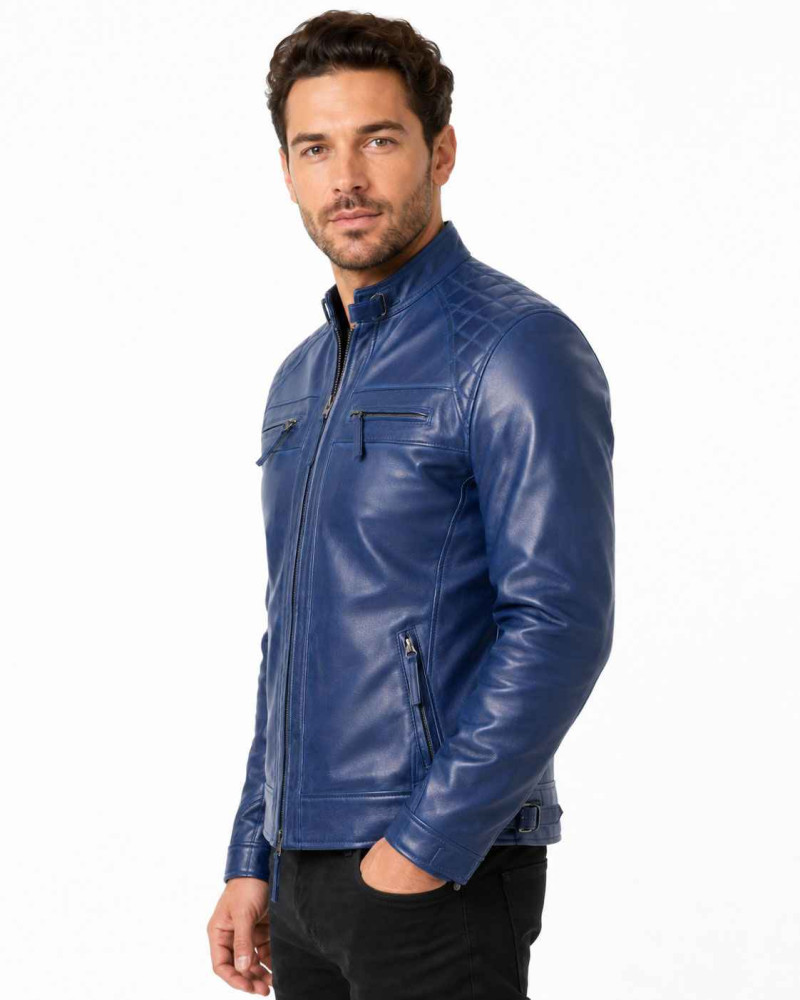 Men's Royal Blue Leather Cafe Racer Jacket with Quilted Shoulders