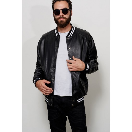 Men's Snap Tab Closure Black Leather Bomber Jacket