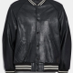 Men's Snap Tab Closure Black Leather Bomber Jacket