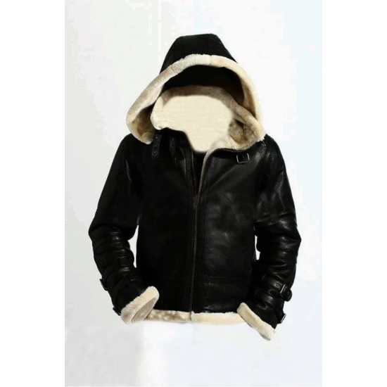 Men's Stylish B3 Bomber Full Fur Removable Hood Genuine Cow Leather Jacket