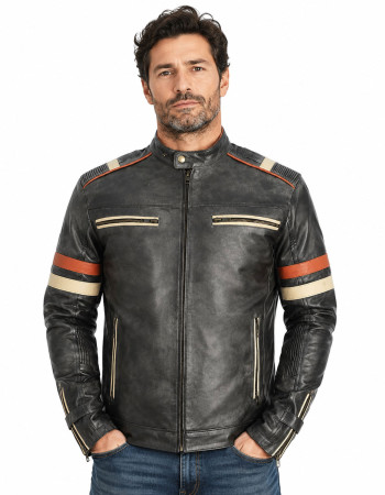Men's Vintage Black Leather Cafe Racer Jacket with Retro Racing Stripes