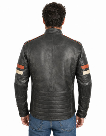 Men's Vintage Black Leather Cafe Racer Jacket with Retro Racing Stripes