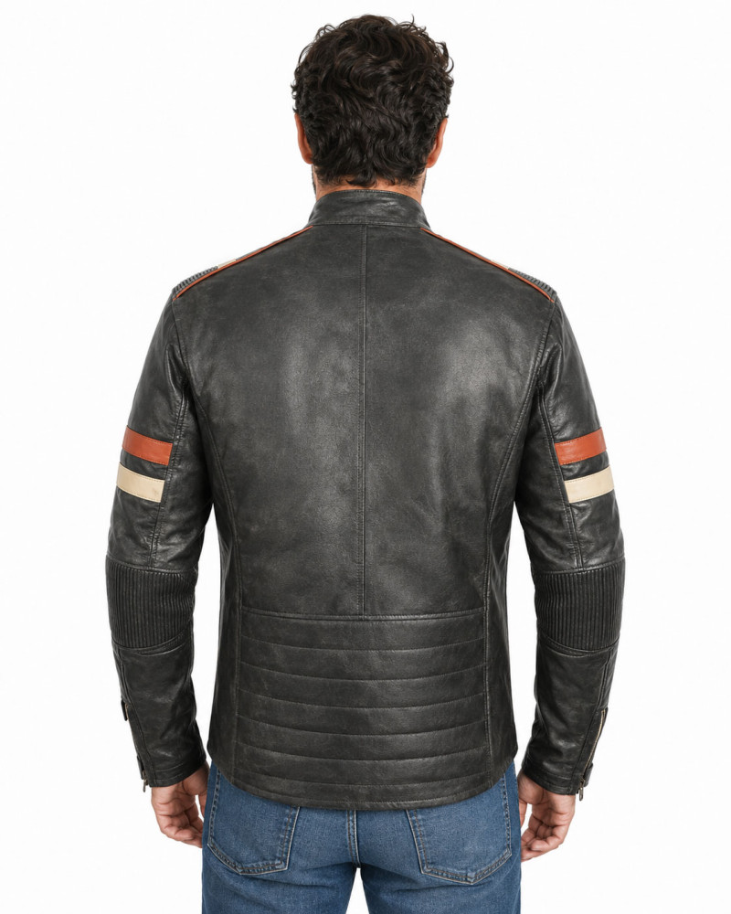 Men's Vintage Black Leather Cafe Racer Jacket with Retro Racing Stripes