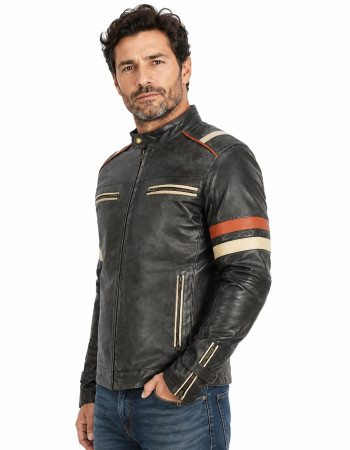 Men's Vintage Black Leather Cafe Racer Jacket with Retro Racing Stripes